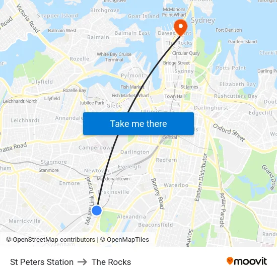 St Peters Station to The Rocks map
