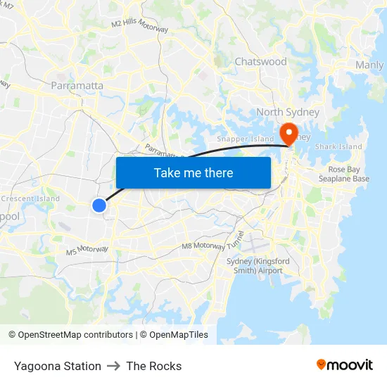 Yagoona Station to The Rocks map