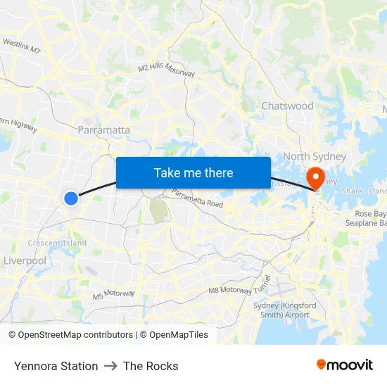 Yennora Station to The Rocks map