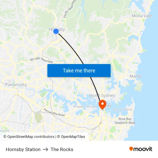 Hornsby Station to The Rocks map