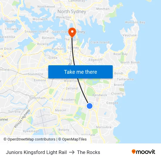 Juniors Kingsford Light Rail to The Rocks map