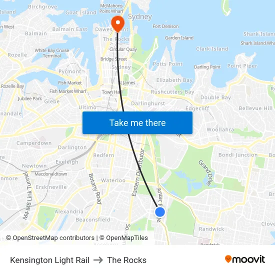 Kensington Light Rail to The Rocks map
