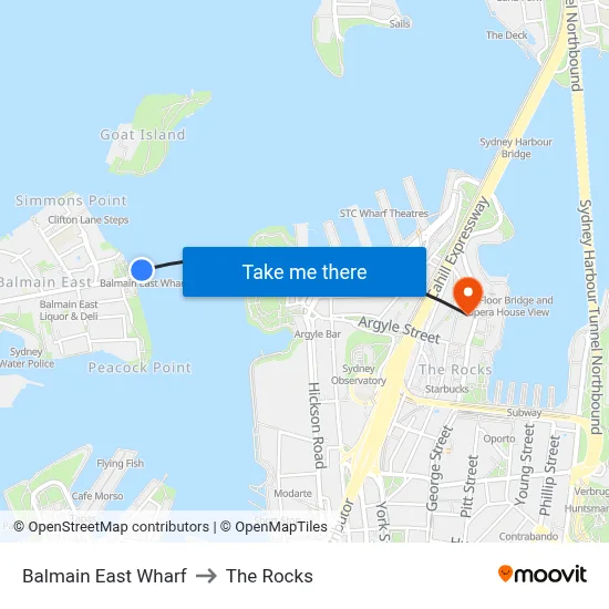 Balmain East Wharf to The Rocks map