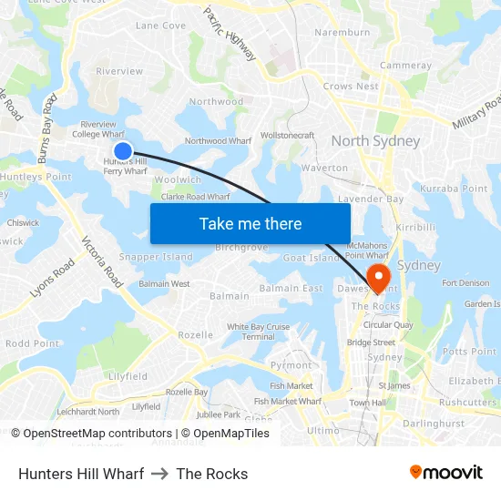 Hunters Hill Wharf to The Rocks map