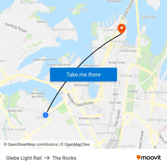 Glebe Light Rail to The Rocks map