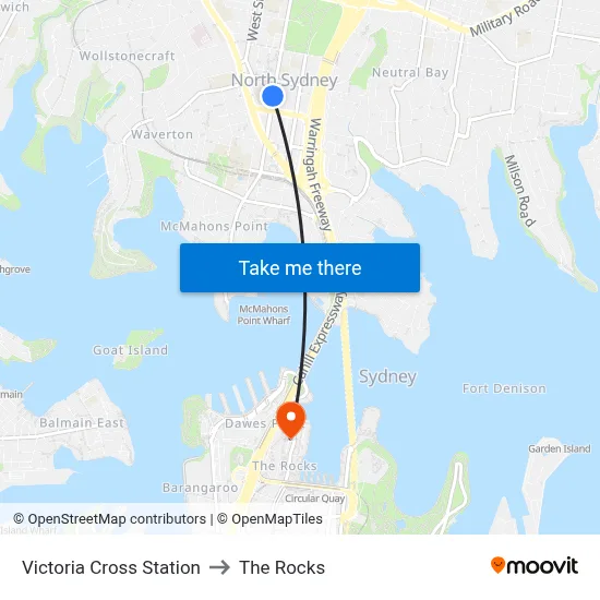 Victoria Cross Station to The Rocks map