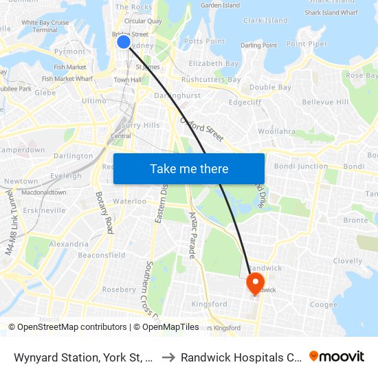 Wynyard Station, York St, Stand G to Randwick Hospitals Campus map