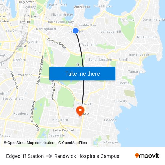 Edgecliff Station to Randwick Hospitals Campus map