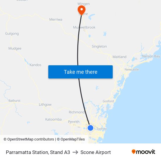Parramatta Station, Stand A3 to Scone Airport map