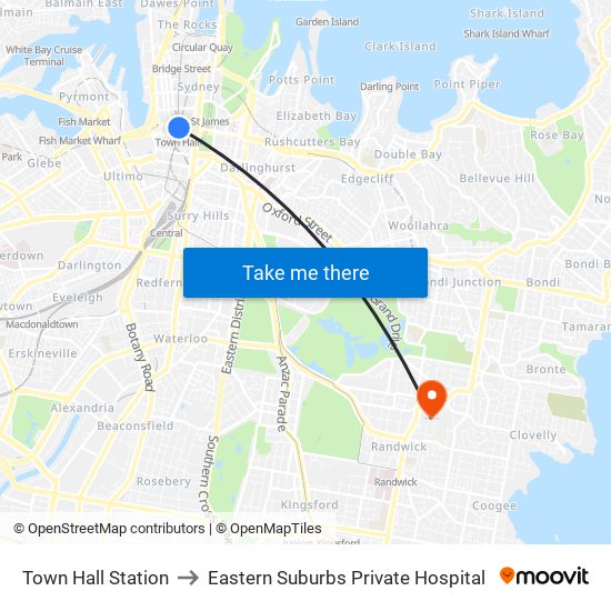 Town Hall Station to Eastern Suburbs Private Hospital map