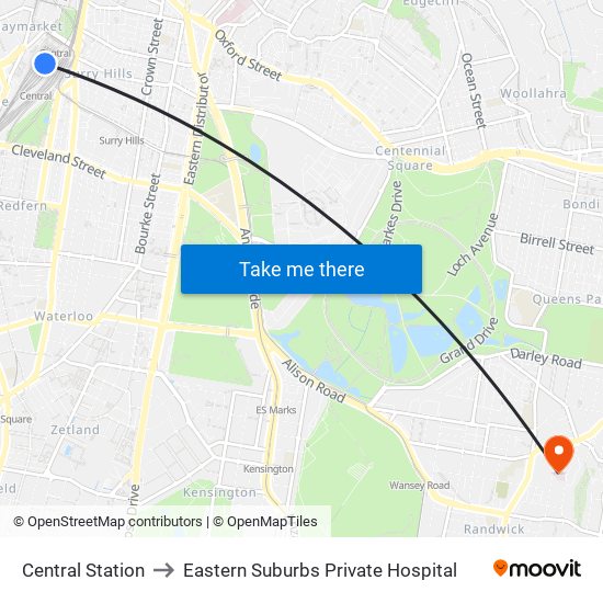 Central Station to Eastern Suburbs Private Hospital map