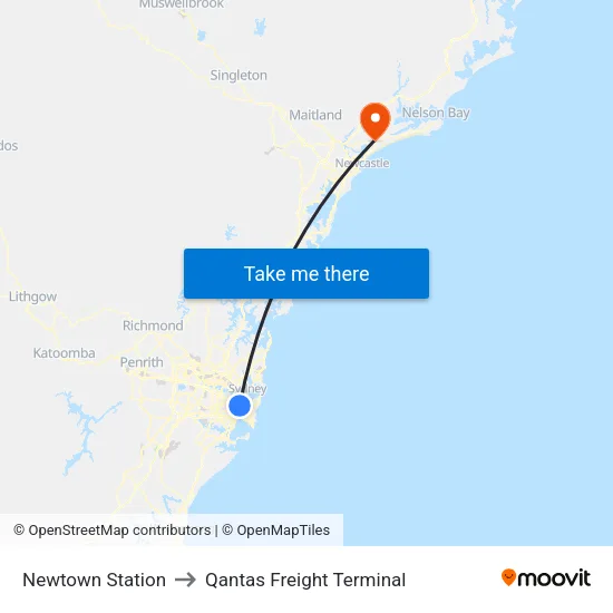 Newtown Station to Qantas Freight Terminal map