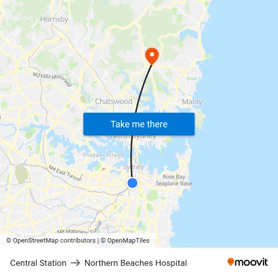 Central Station to Northern Beaches Hospital map