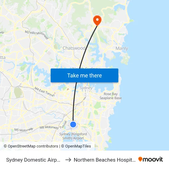 Sydney Domestic Airport to Northern Beaches Hospital map
