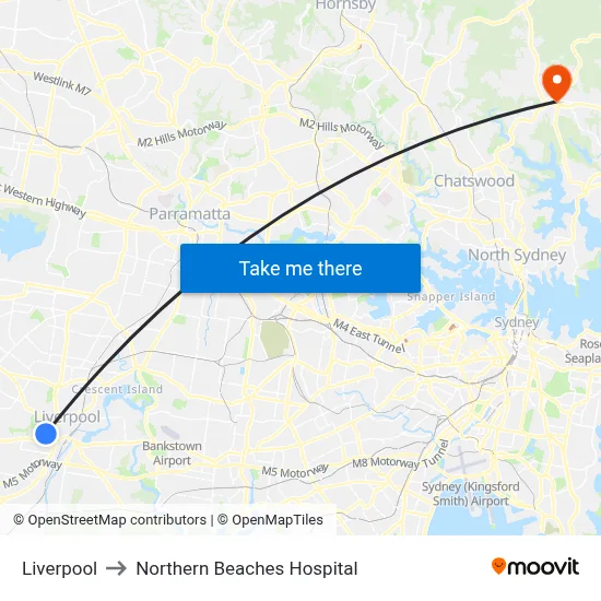 Liverpool to Northern Beaches Hospital map