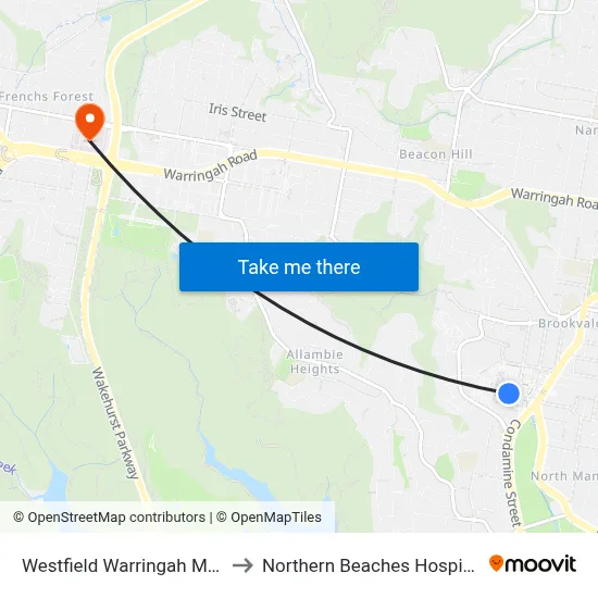 Westfield Warringah Mall to Northern Beaches Hospital map