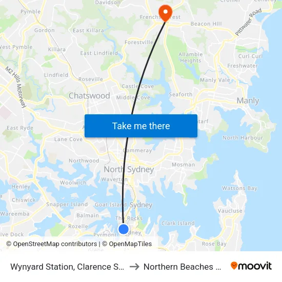 Wynyard Station, Clarence St, Stand S to Northern Beaches Hospital map