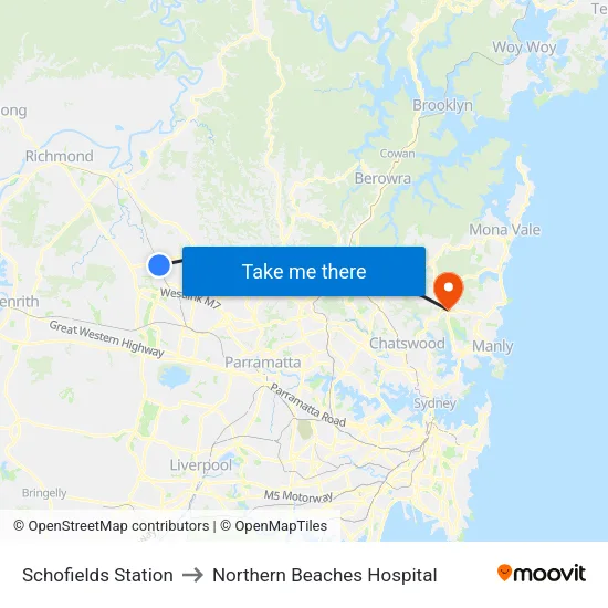 Schofields Station to Northern Beaches Hospital map