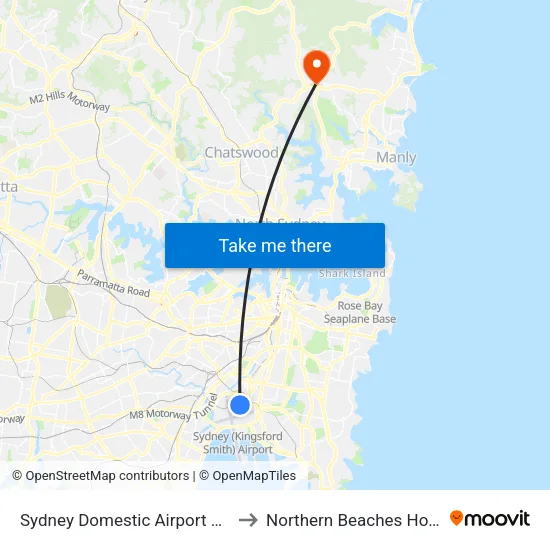 Sydney Domestic Airport Station to Northern Beaches Hospital map
