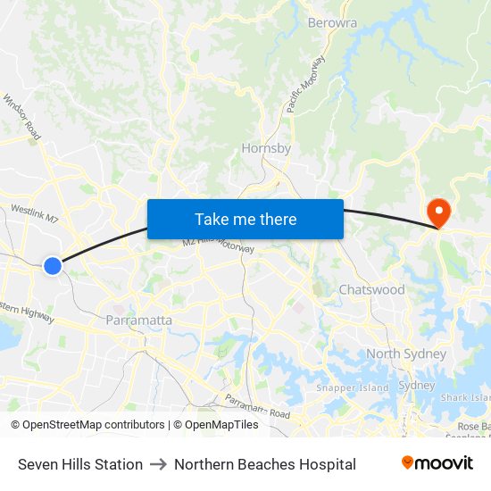 Seven Hills Station to Northern Beaches Hospital map