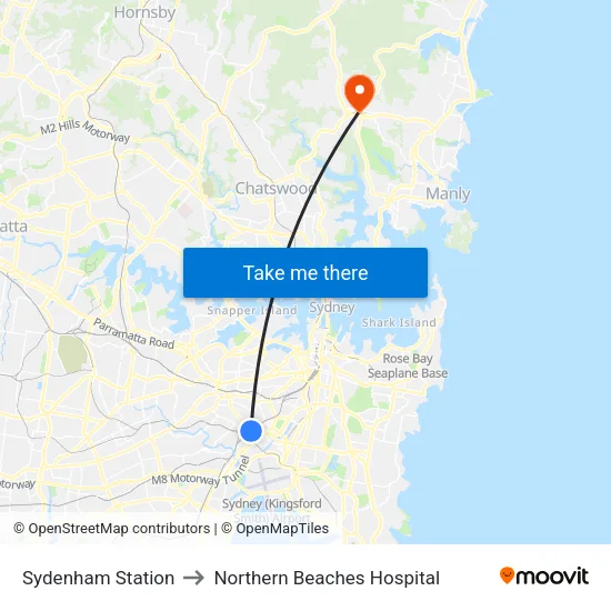 Sydenham Station to Northern Beaches Hospital map