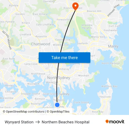 Wynyard Station to Northern Beaches Hospital map