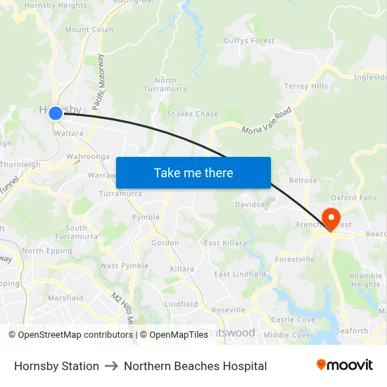 Hornsby Station to Northern Beaches Hospital map
