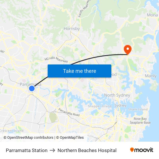 Parramatta Station to Northern Beaches Hospital map