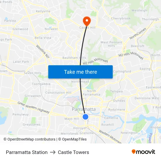 Parramatta Station to Castle Towers map
