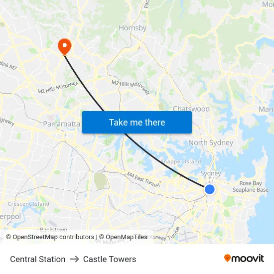 Central Station to Castle Towers map