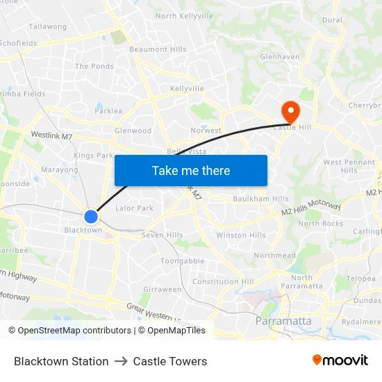 Blacktown Station to Castle Towers map