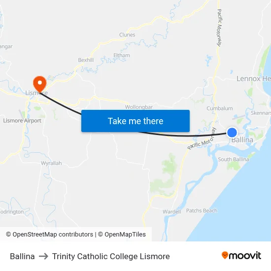 Ballina to Trinity Catholic College Lismore map