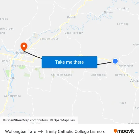 Wollongbar Tafe to Trinity Catholic College Lismore map