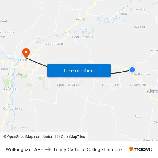 Wollongbar TAFE to Trinity Catholic College Lismore map
