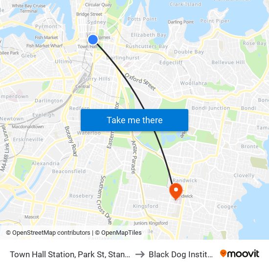 Town Hall Station, Park St, Stand G to Black Dog Institute map