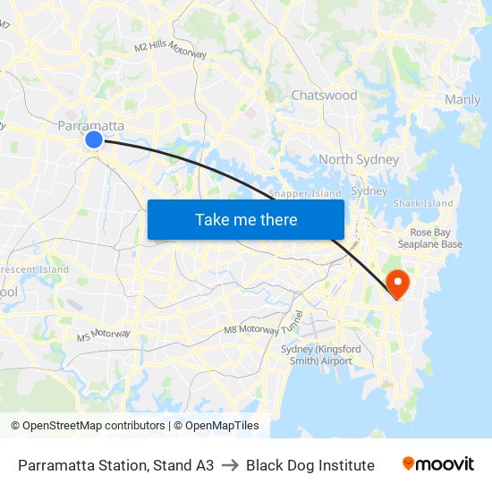 Parramatta Station, Stand A3 to Black Dog Institute map