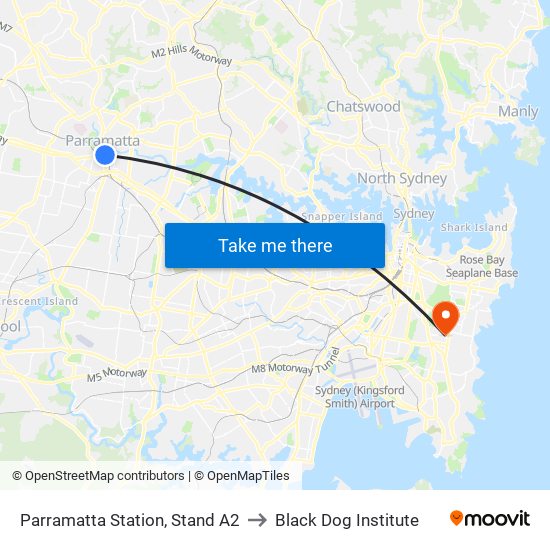 Parramatta Station, Stand A2 to Black Dog Institute map