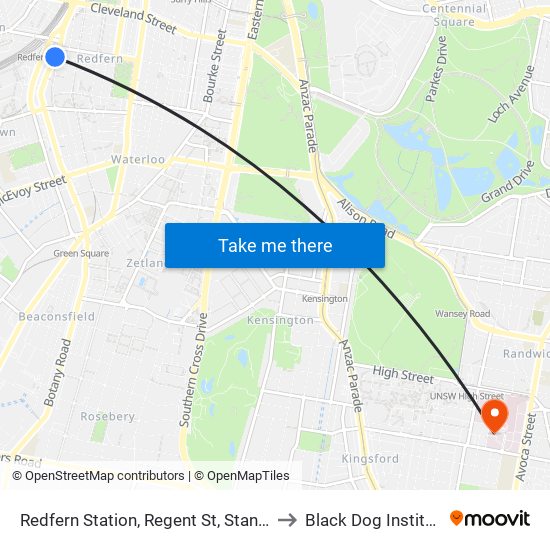 Redfern Station, Regent St, Stand C to Black Dog Institute map