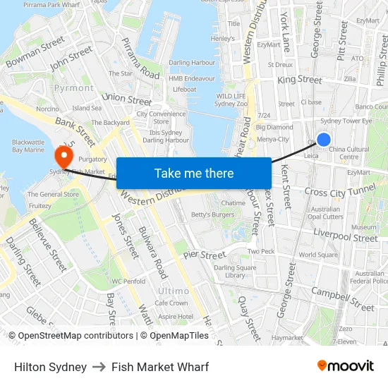Hilton Sydney to Fish Market Wharf map