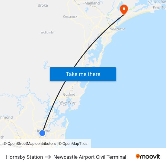 Hornsby Station to Newcastle Airport Civil Terminal map