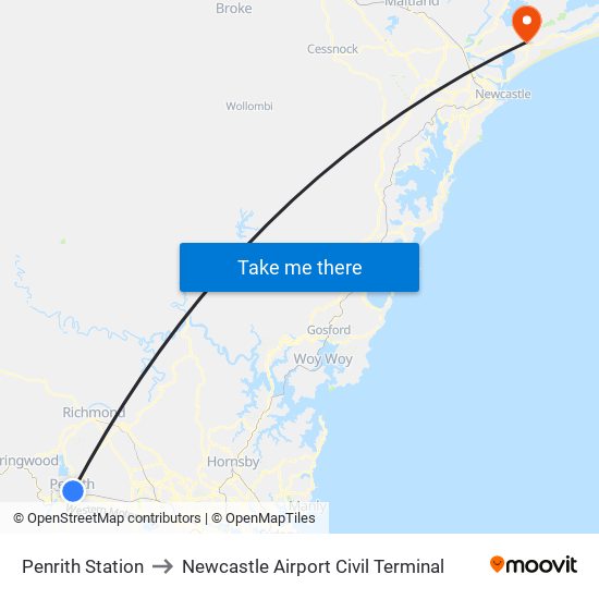 Penrith Station to Newcastle Airport Civil Terminal map