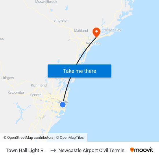 Town Hall Light Rail to Newcastle Airport Civil Terminal map