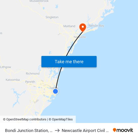 Bondi Junction Station, Stand F to Newcastle Airport Civil Terminal map