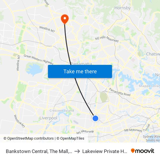 Bankstown Central, The Mall, Stand C to Lakeview Private Hospital map