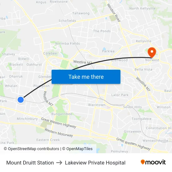 Mount Druitt Station to Lakeview Private Hospital map