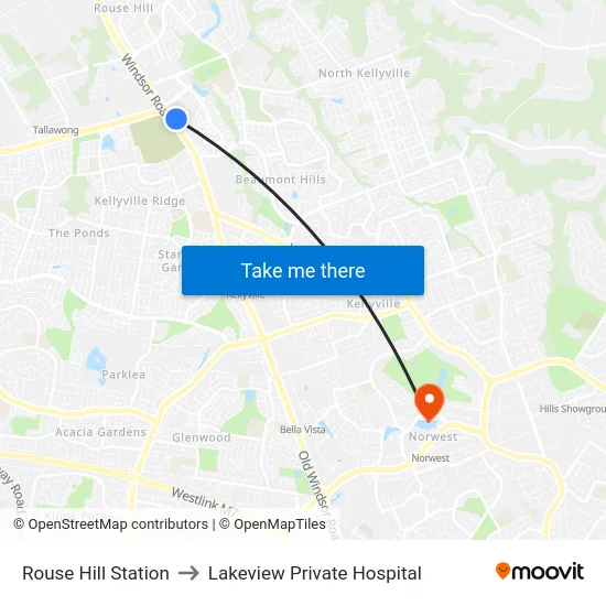 Rouse Hill Station to Lakeview Private Hospital map