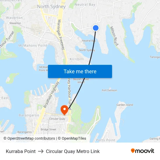 Kurraba Point to Circular Quay Metro Link map