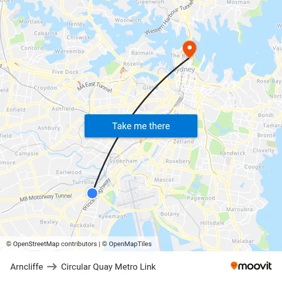 Arncliffe to Circular Quay Metro Link map
