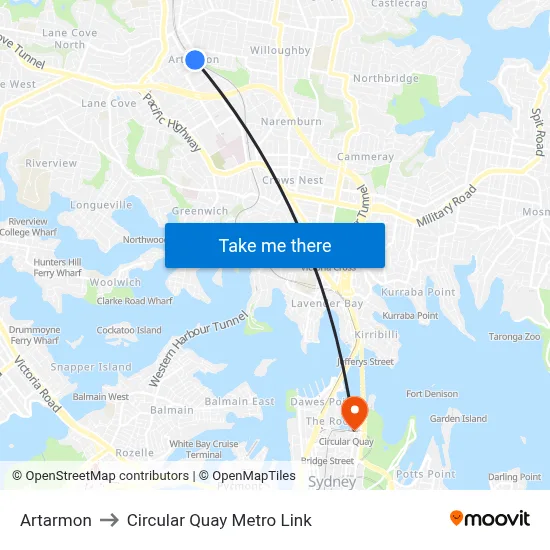 Artarmon to Circular Quay Metro Link map