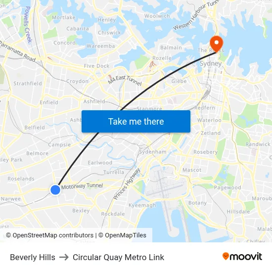 Beverly Hills to Circular Quay Metro Link map